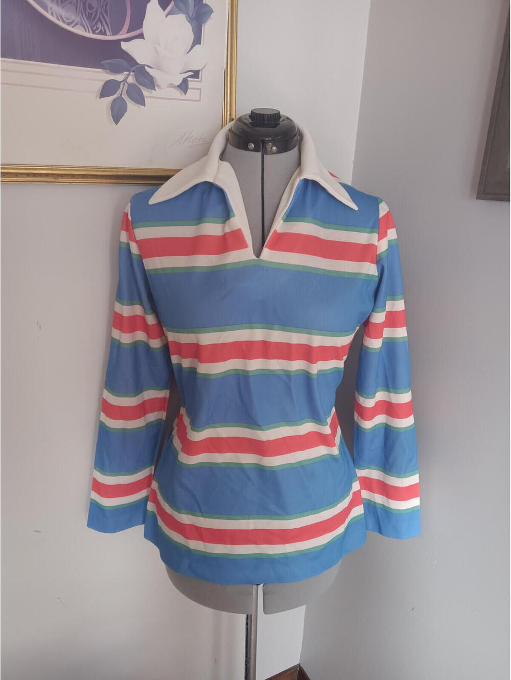 Vintage 70s striped collared shirt, retro long sleeve classic shirt size Medium